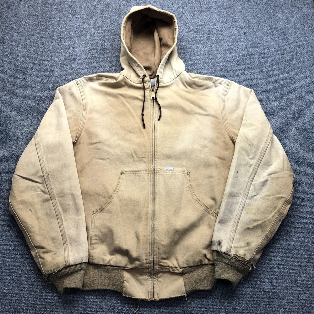 Vintage 80s Carhartt Jacket Mens Medium Beige Canvas Hooded Bomber Full Zip